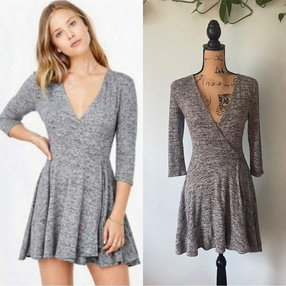 Urban Outfitters Kimchi Blue Surplice Faux Wrap Quarter Sleeve Grey Knit Dress